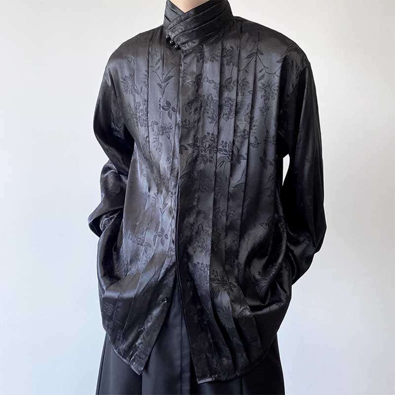 Vintage Stand Collar Print Long Sleeve Shirt | Black / M