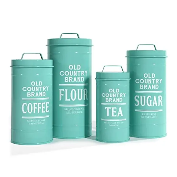 
                            Barnyard Designs Decorative Nesting Kitchen Canister Jars with Lids, Turquoise Metal Rustic Vintage Farmhouse Container Decor for Flour Sugar Coffee Tea Storage, Set of 4, Largest is 5.5" x 11.25"
                        