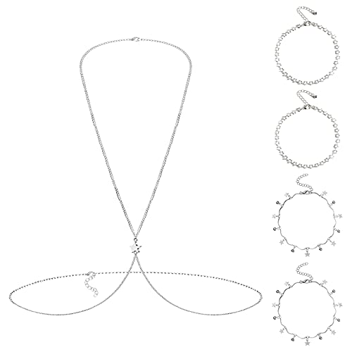 JFORYOU Anklets and Toe Ring Set for Women Girl Silver Rose Gold Chain Layered Anklets Toe Rings Ankle Bracelets Open Adjustable Toe Rings Beach Foot Jewelry - Silver Color Anklet& Waist Chain Set 3