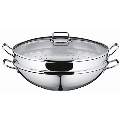 WMF Macao Wok Induktion 4-teilig, Wok-Pfanne 36 cm mit Glasdeckel, Ablagegitter, Dämpfereinsatz, Cromargan Edelstahl poliert, unbeschichtet - 36 cm Wok Set