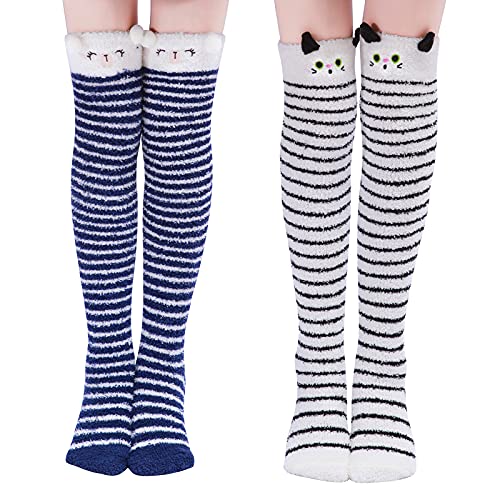 LittleForBig Cute Animal Coral Fleece Thigh High Long Striped Socks 2 Pairs - One Size - Blue-Black