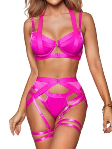 Kaei&Shi Strappy Harness, All Adjustable, Underwire Racerback, 4pc Garter Set