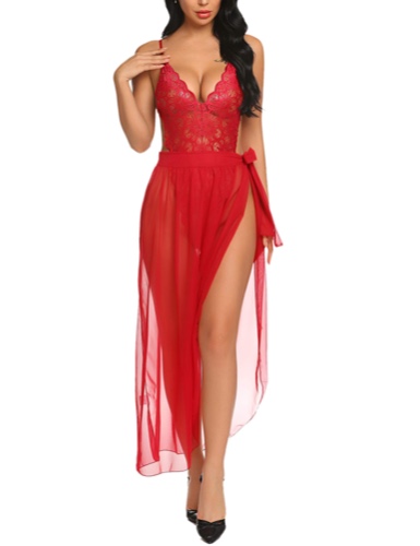 Avidlove Women One Piece Lingerie Deep V Lace Bodysuit Mosaic Lace Teddy Mesh Skirt