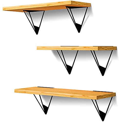 BAMBSTICK Floating Shelves Wall Mounted Set of 3, Modern Bamboo Wall Shelves for Bedroom, Living Room, Bathroom, Kitchen, Office, Storage Home Decor Floating Shelf, Book Shelves