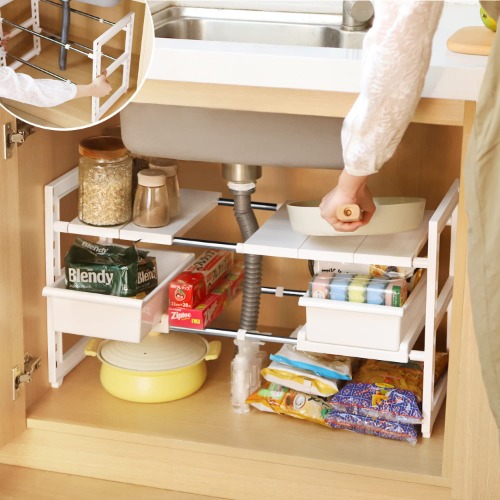 (Amazon.co.jp Limited) TITIROBA Under Sink Rack, 2 Tiers, Telescopic Drawer, Slide, Easy Assembly, Extendable Shelf, Kitchen Storage Shelf, Under the Basin, Free Rack Under the Sink White, Width 19.1 - Under Sink Storage Rack (Drawer Type) - White (Drawer Type PP Material)