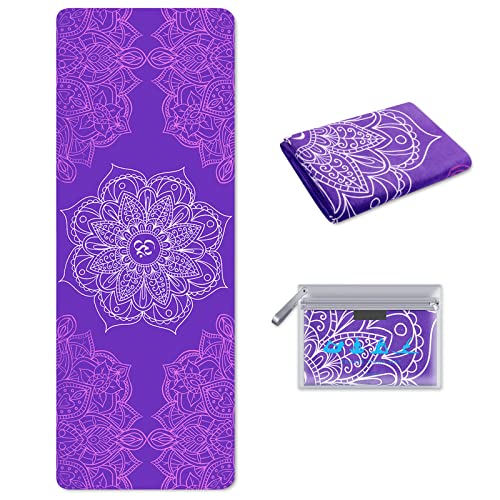 Travel Yoga Mat,Sweat Absorbent Non Slip Workout Mat,1/16 Inch Thick Foldable Yoga Mat Lightweight with Carrying Bag,Light Eco Natural Rubber & Suede Hot Yoga Mat for Yoga, Pilate (Purple)