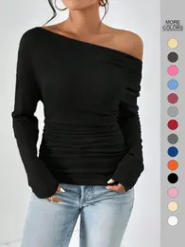 Women's Plain Minimalist Basic Ruched Asymmetrical Neck Drop Shoulder Tee, Elegance Mufti Clothes, Fall Long Sleeve T-shirt for Everyday, Back To School T Shirts, Lady Clothes for Streetwear, Womenswear, Casual Wear