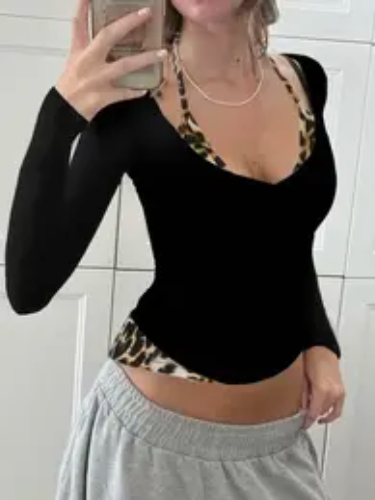 Women's Leopard Print 2 in 1 Halter Top, Casual Long Sleeve T-shirt for Daily Wear, Ladies Clothes for All Seasons