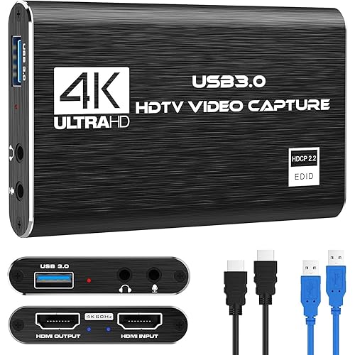 4K HDMI Video Capture Card, USB3.0 1080P 60FPS Video Recorder, Nintendo Switch Capture Card for Streaming Gaming and Broadcasting, Works with Xbox Series X/S, Xbox One X/S, PS4, PS5, OBS, Camera, PC - Black