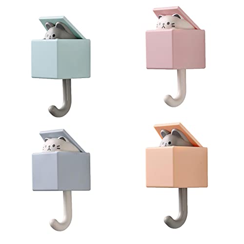 RELABTABY Creative Adhesive Coat Hook,4 Pcs Cute Pet Hooks for Coat, Scarf, Hat, Towel,Key, Bag, Utility Cat Hook for Wall Hanging Decorations(4 Colors) - 4 Pieces