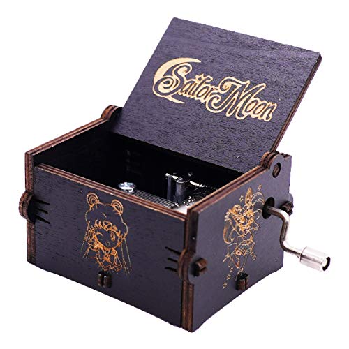 Sailor Moon Music Box Hand Crank Musical Box Carved Wooden Music Boxes Mini Size,Play Moonlight Densetsu, (Black) - Black