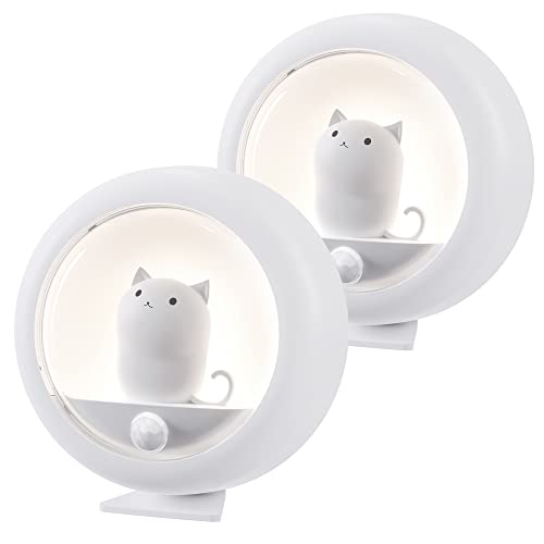 ALACRIS Cute Cat Motion Sensor Night Light (2 Pack), Cordless Rechargeable Acrylonitrile Butadiene Styrene LED Stick-Anywhere Closet/Stair Lights, Wall Lights for Hallway, Bedroom, Kids Room, White - 2 Pack