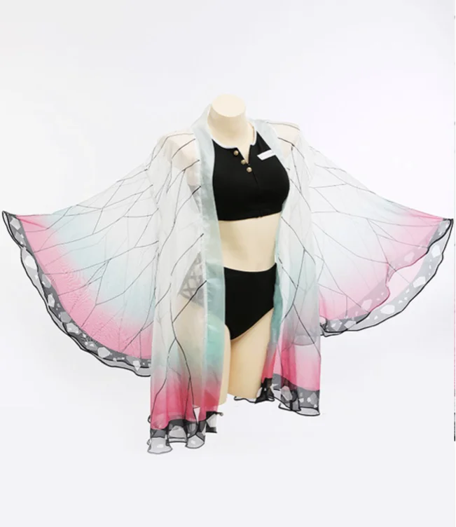 Miccostumes Swimsuits Back Prints for Bathing Bikini Set Buttons Top and Hollow Out Shorts Two Piece Bathing Suit Swimwear with Strapped Butterfly-Printed Kimono Haori Cover Up