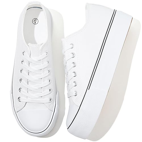 Rominz Women's White Platform Sneakers PU Leather Platform Shoes Classic Black Low Top Sneakers Casual Walking Shoes for Women - 5.5 - White
