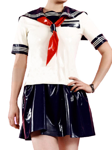 Latex Dresses Japanese Uniform Latex Suit with Skirt Shorts 2pcs Fetish Rubber Clubwear with Red Scarf,Dunkelblau,S - Dark Blue S