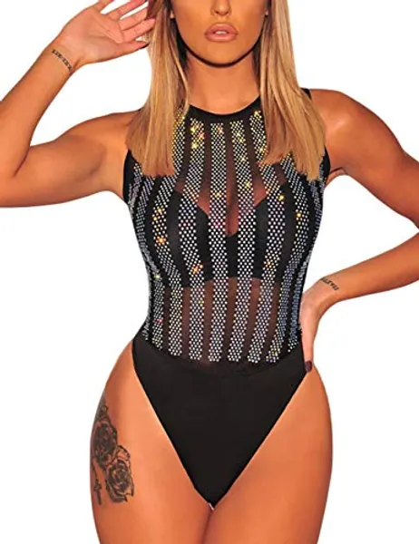 Lrady Women's Sheer Mesh Turtleneck Neck See Through Leotard Bodysuit Body Tops