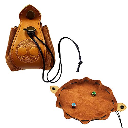 Rollooo Celtic Tree DND Gifts Dice Bag - Tray with Drawstring & Button Genuine Leather Dice Pouch Storage Bag for d&d Dices Jewelry Coin & Small Accessories - Tree