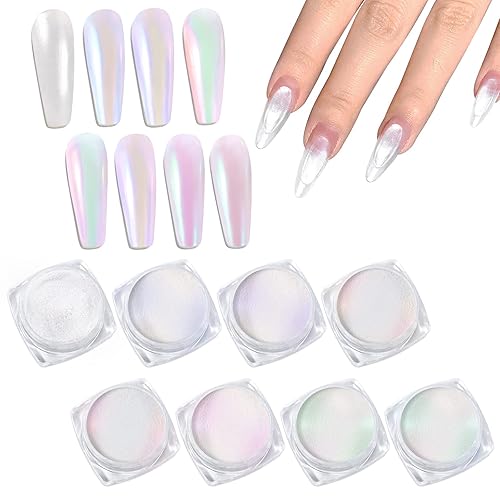 Laza White Pearl Chrome Nail Powder, 8 Colors Metallic Mirror Effect Pigment, Ice Transparent Aurora Nail Glitter Dust Kit for Gel Nail Art Decoration, Resin Craft, Gifts - Colorful White - Colorful White