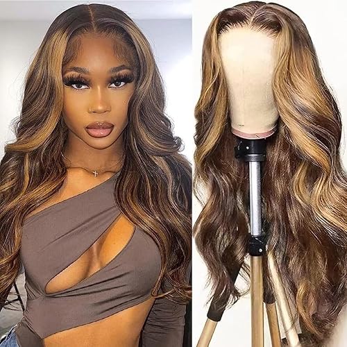 Highlight Ombre Lace Front Wigs Human Hair 4/27 Colored 13X4 Lace Front Wigs Human Hair Pre Plucked 24 Inch Body Wave Human Hair Wigs for Black Women 150% Density Honey Blonde - 24 Inch - Ombre 4/27