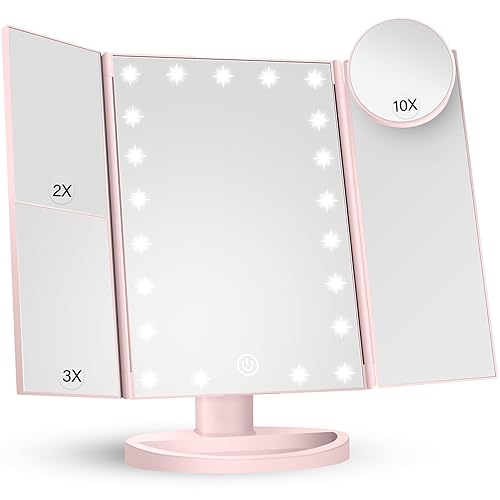 HUONUL Makeup Mirror Vanity with Lights, 2X 3X 10X Magnification, Lighted Mirror, Touch Control, Trifold Dual Power Supply, Portable LED Women Gift (Pink) - Pink