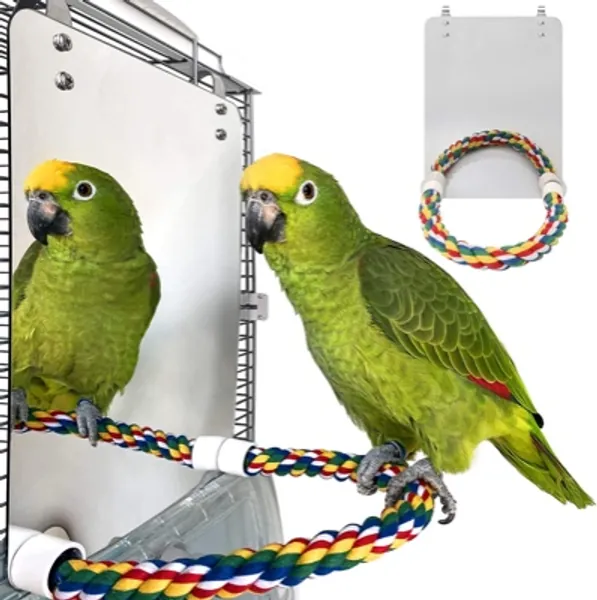 BWOGUE Large Stainless Steel Bird Mirror with Rope Perch Cockatiel Mirror for Cage Bird Toys Swing Parrot Cage Toys for Parakeet Cockatoo Cockatiel Conure Lovebirds Finch Canaries