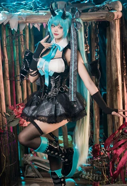 Vocal Cosplay Costume Dress and Sleeves with Wings and Thigh Socks