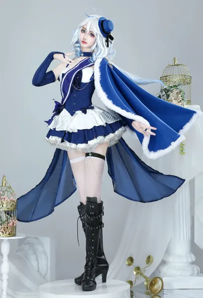 Furina Derivative Dress Set Kawaii Blue White Short Dress and Hat with Bow Stockings Cosplay Costume