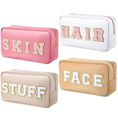 4 Pcs Nylon Cosmetic Bag Chenille Letter Cosmetic Pouch Zipper Preppy Makeup Bag Waterproof Hair Bag with Patches Makeup Organizer Bag Set for Women (Earth Tone, Stuff, Face) - Earth Tone