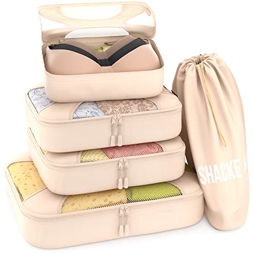 Shacke Pak - 5 Set Packing Cubes - Travel Luggage Organizers with Laundry Bag - Cream