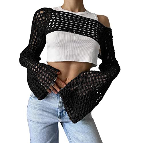 Crochet Crop Tops Knit Shrug Sweater Hollow Out Long Sleeve Bikini See Through Cover Ups - Black - Medium