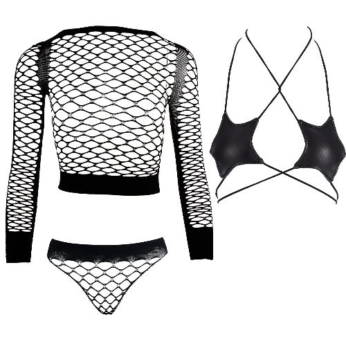 SATINIOR 2 Pieces Mesh Lingerie Set Fishnet Babydoll Mini Dress Mesh Bodysuit with Long Sleeve and Black Star Shape Bikini Halter Rave Top Bra for Women One Size, Black, One size