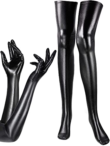 Women's Costume Set Elastic Spandex Shiny Wet Long Gloves and Wet Look Thigh High Stockings