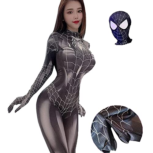 Picksoco Women's Sexy Spider Costume Masks Front Bottom Two Zipper Bodysuit Women Halloween Girl Superhero Cospaly Jumpsuit - Black - Small