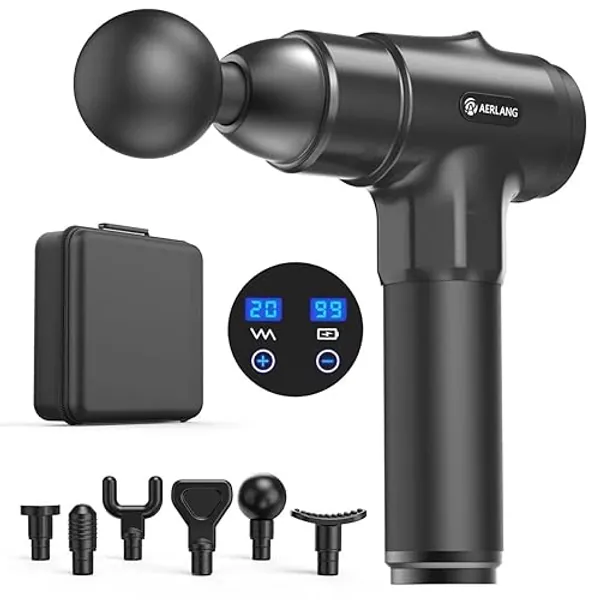 AERLANG Pistola Massaggio Muscolare,pistola massaggiante massage gun massaggiatore muscolare (Nero)–pistola massaggio Sei diverse testine regolabili per diversi gruppi muscolari - Opzione 20 velocità - Nero