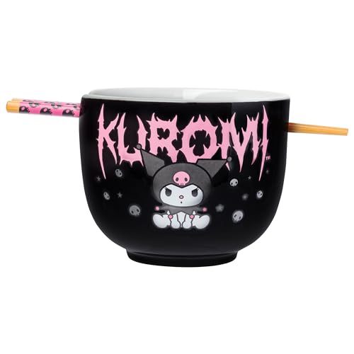 Silver Buffalo Sanrio Hello Kitty and Friends Kuromi Ceramic Ramen Noodle Rice Bowl with Chopsticks, Microwave Safe, 20 Ounces - Kuromi