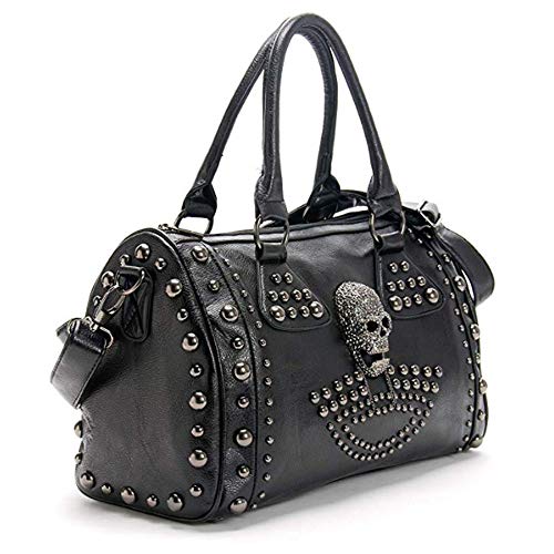 FiveloveTwo Women Skull Handbag Gothic Rivet Tote Satchel Shoulder Crossbody Bag Black - Black