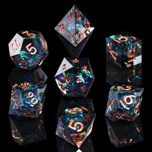 AUSPDICE DND Dice Set Handcrafted Designer 7-Die Polyhedral RPG Dice Set with Sharp Edges and Beautiful Inclusions for Aesthetic Conscious Tabletop RPG Player Galaxy Series (Dark Color)