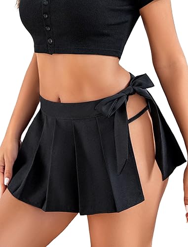 ADOME Women Pleated Mini Skirt Role Play Solid Lingerie Skirts - X-Large - Black