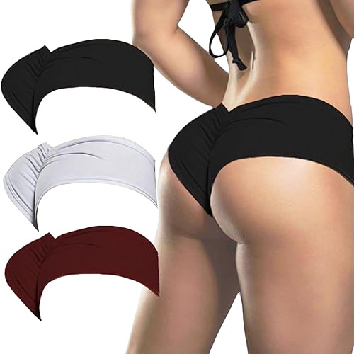 PBQOA Women's Sexy Sports Briefs Ruched Butt Lifting Panties Half Back Soft Active Yoga Underwear 3 Pack - Small - Black/White/Wine Red