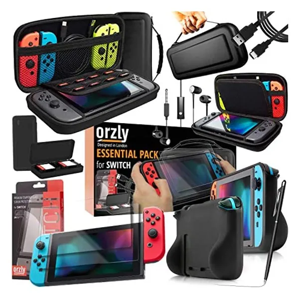 
                            Switch Accessories Bundle - Orzly Essentials Pack for Nintendo switch Case & Screen Protector (NOT OLED Model), Grip Case, Games Holder, Headphones - Classic Black Edition
                        