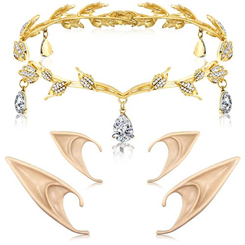 Fairy Tiara for Women Halloween Rhinestone Fairy Pixie Elf Ears Headpiece Crown