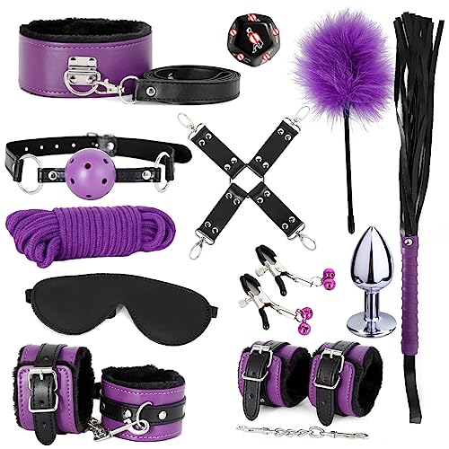 BDSM Bondage Restraint Kits 12PCS Sets Sex Toys Handcuffs Ankle Collar Cuffs Blindfold Feather Tickler Ball Gag Anal Plug SM Games Adjustable for Women Men - Black&purple