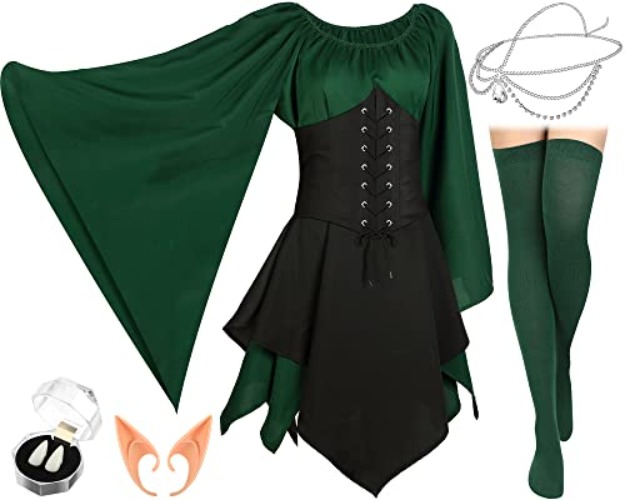 Jadive 5 Pcs Women Elf Renaissance Medieval Dress Traditional Irish Fairy Viking Costume Elf Ear for Halloween Cosplay - Green, Black - Large