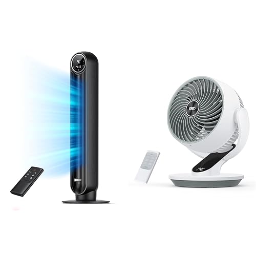 Dreo Tower Fan for Bedroom, 24ft/s Velocity Quiet Floor Fan, 90° Oscillating Fans for Indoors & Oscillating Fan for Bedroom, 13 Inch Quiet Table Fans for Home Whole Room - Black - Tower Fan + Oscillating Fan