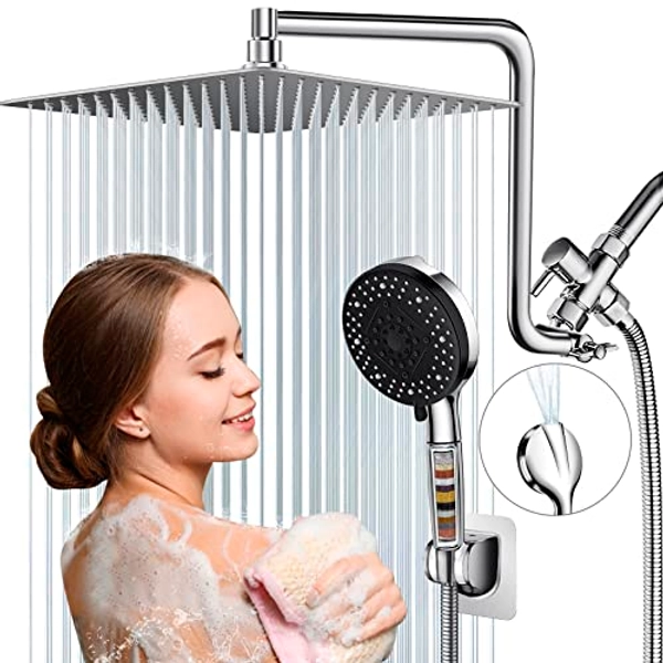 Filtered Shower Head, 12'' Rain Shower Head with Upgraded 12'' Extension Arm, High Pressure 10-Setting Handheld Shower with Replaceable Shower Head Filter for Hard Water, Built-in 2 Power Wash Mode