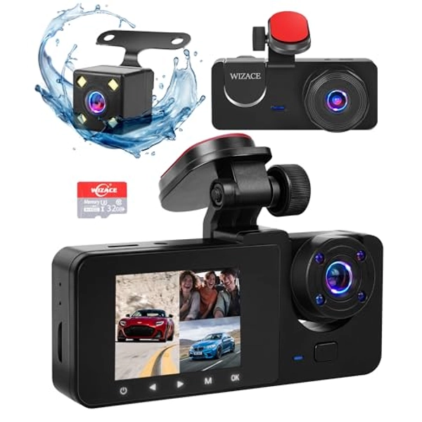 3 Channel Dash Cam Front and Rear Inside,WIZACE 1080P Full HD 170 Deg Wide Angle Dashboard Camera, 2.0 Inch IPS Screen,G-Sensor,Loop Recording,24H Parking Recording with IR Night Vision & 32GB TF Card