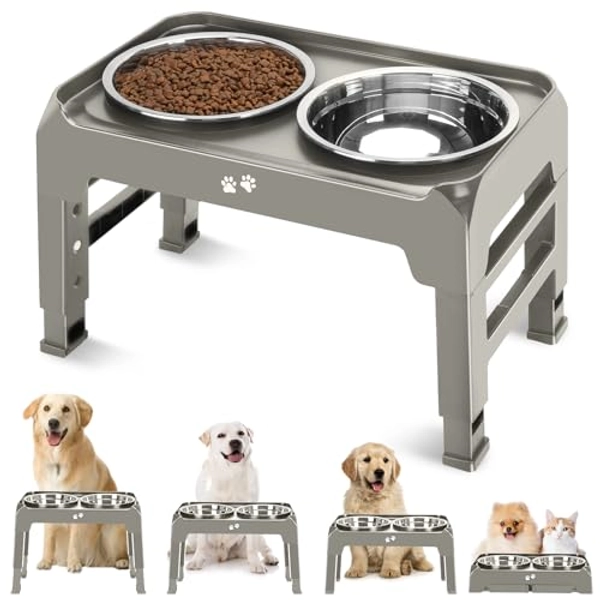 Elevated Dog Bowls, 4 Height Adjustable Raised Dog Bowl Stand with 2 Thick 50oz Stainless Steel Dog Food Bowls Non-Slip Dog Feeder for Dogs Adjusts to 3.7", 9.2", 10.75", 12.36" Light Brownish Gray