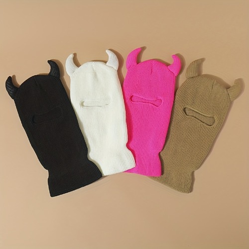 Monster Ears Ski Mask Balaclava Solid Color Beanie Y2K Knit Hat Elastic Skull Hat Warm Outdoor Cycling Windproof Knitted Beanies For Women Men