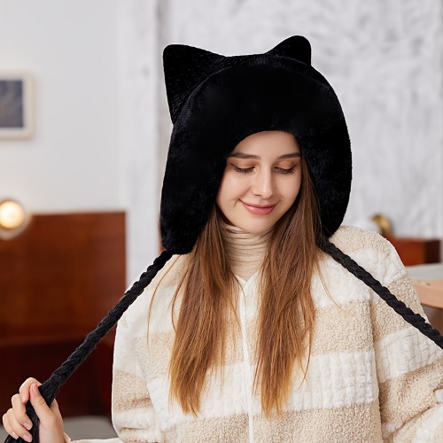 Winter Pompom Beanie Hats For Women Fluffy Knit Cat Fox Ear Faux Fur Crochet Skull Cap Warm Soft Ski Cap Fleece Ear Flaps Valentines Gifts