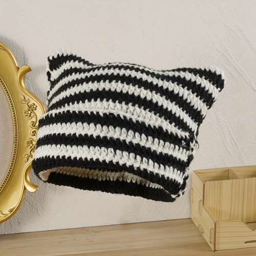 Striped Cat Ears Y2K Beanie Double Color Knitted Cute Monster Warm Skull Cap Slouchy Hip Hop Knit Hat For Women